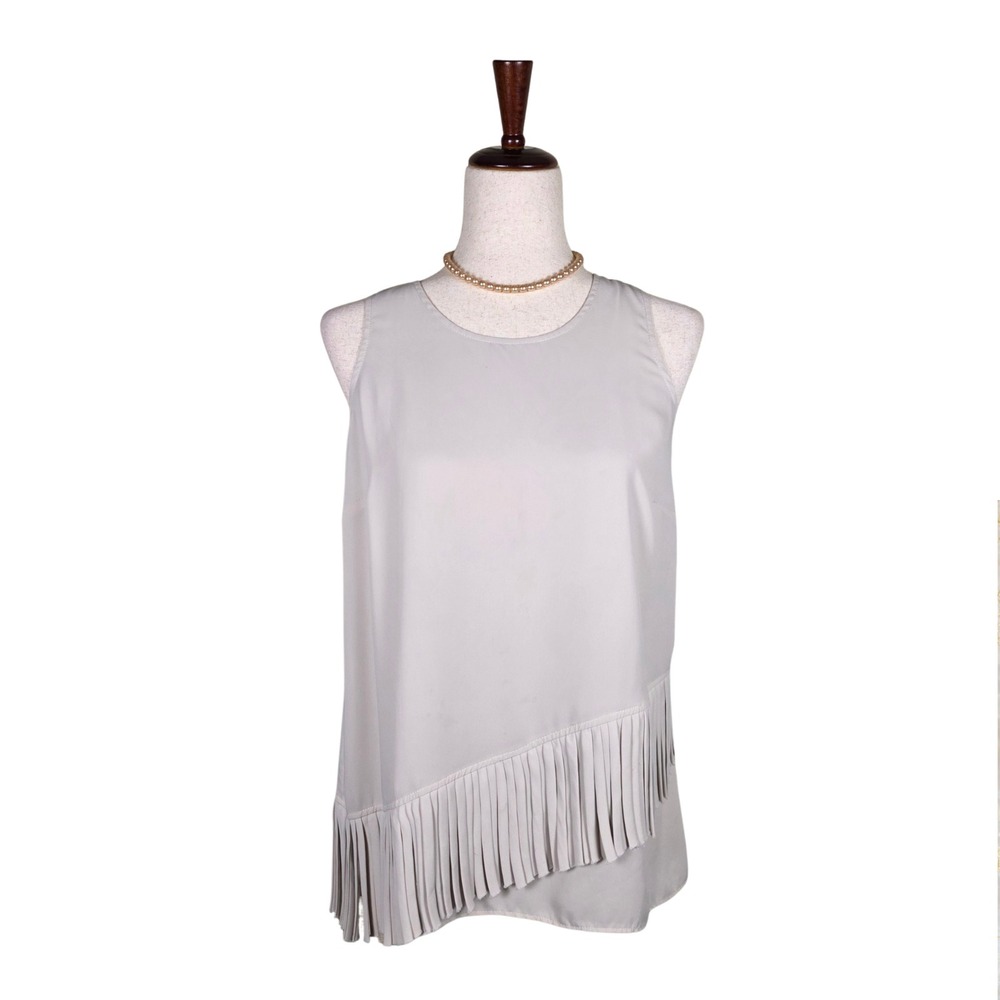 JOSEPH RIBKOFF Fringe Top‎ SZ 6 Sleeveless Western Boho Neutral Asymmetric Flowy